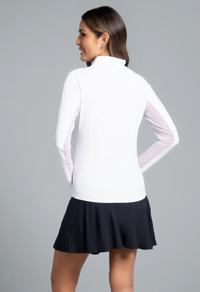 Back View of Ibkul Solid Long Sleeve Mock Neck Top in White
