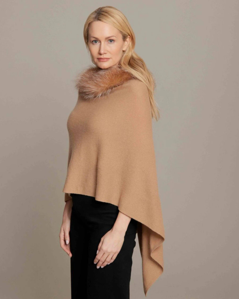 Alashan Cashmere Luxe Windchill Fox Trim Topper in Baby Camel