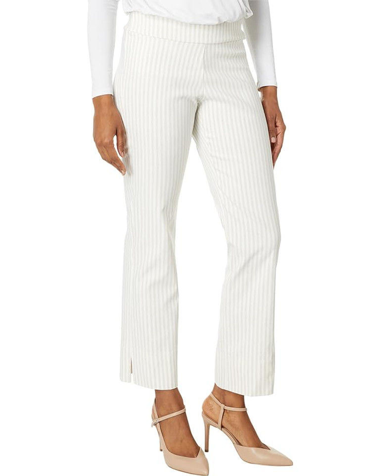 Krazy Larry Pull-On Stretch Linen Wide Ankle Pants in Oatmeal Stripe