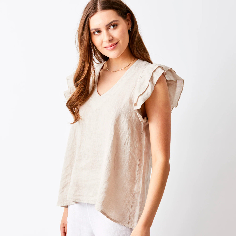 Suzy D London Santiago V Neck Frill Sleeve Linen Tee