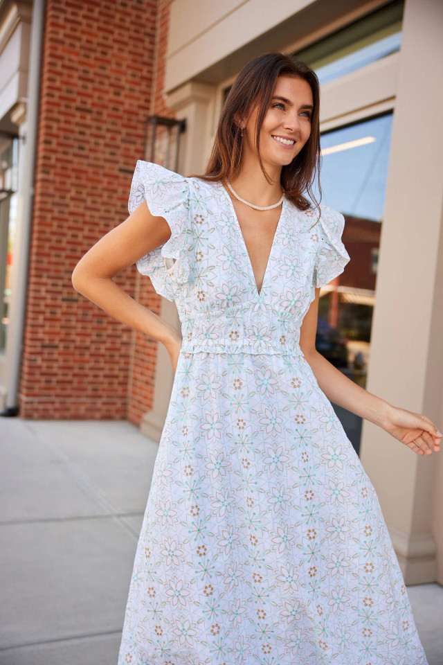 Sail to Sable's Cabbage & White Eyelet V-Neck Flutter Sleeve Maxi Dress