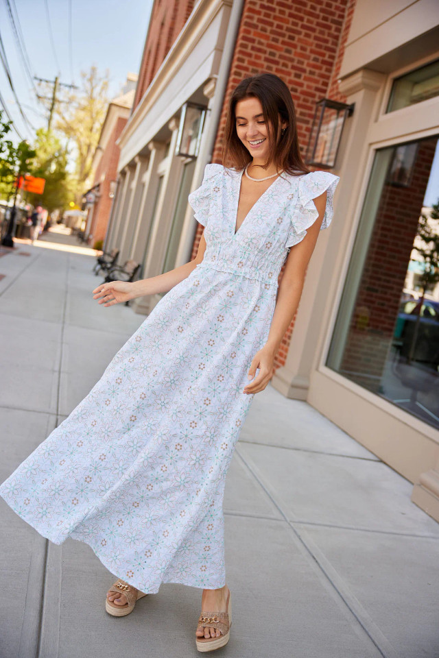Sail to Sable's Cabbage & White Eyelet V-Neck Flutter Sleeve Maxi Dress