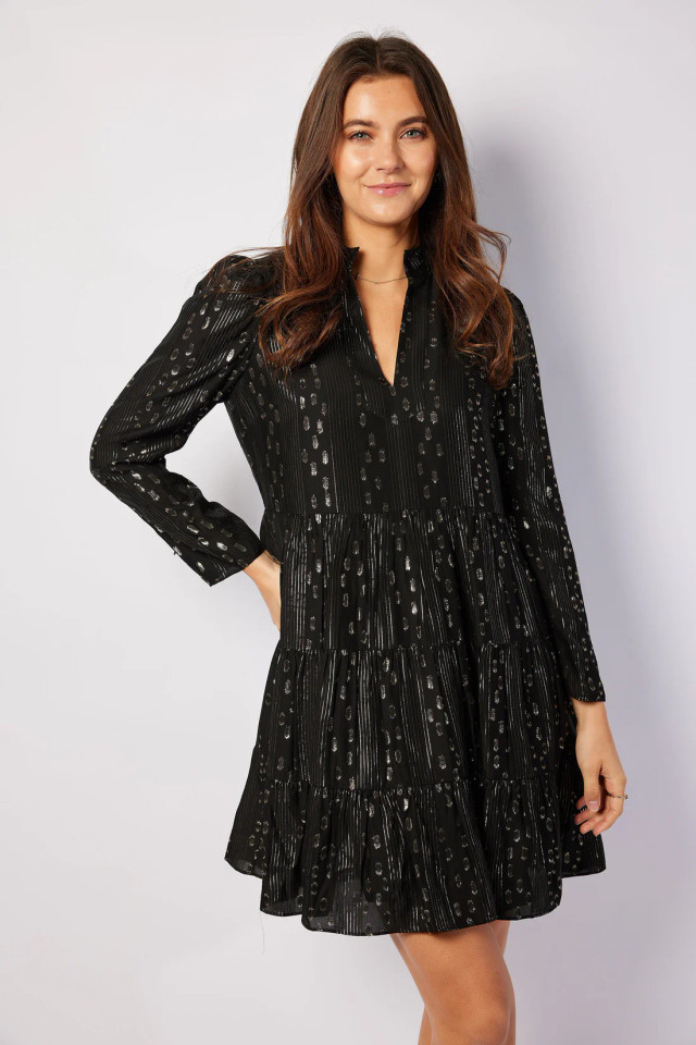 Sail to Sable's Black & Gold Lurex Long Sleeve Tunic Flare Dress