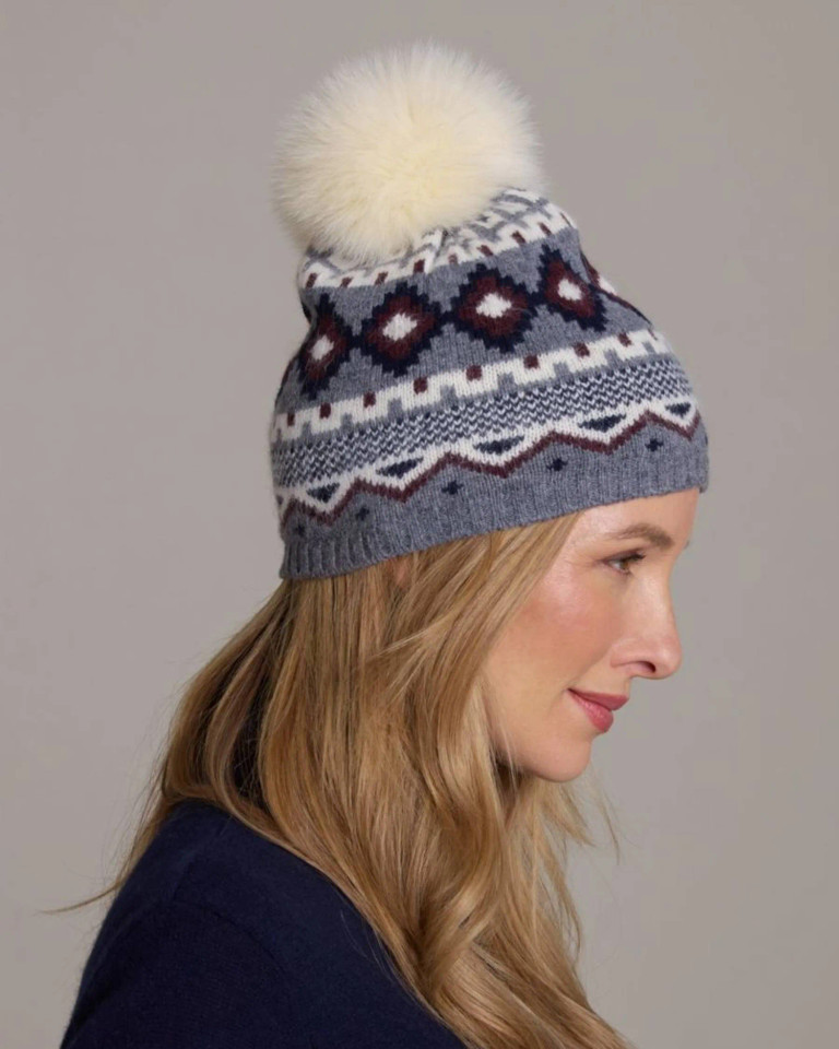 Alashan Cashmere's 100% Merino Vail Fair Isle Fox Pom Pom Hat With Angora