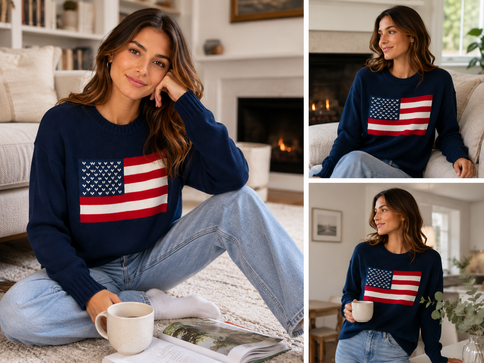 Pearl and Camo Carolyn Classic American Flag Navy Sweater