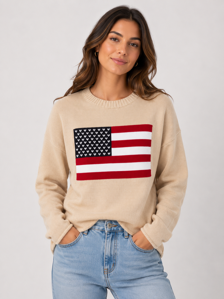 Pearl and Camo Carolyn Classic American Flag Oatmeal Sweater