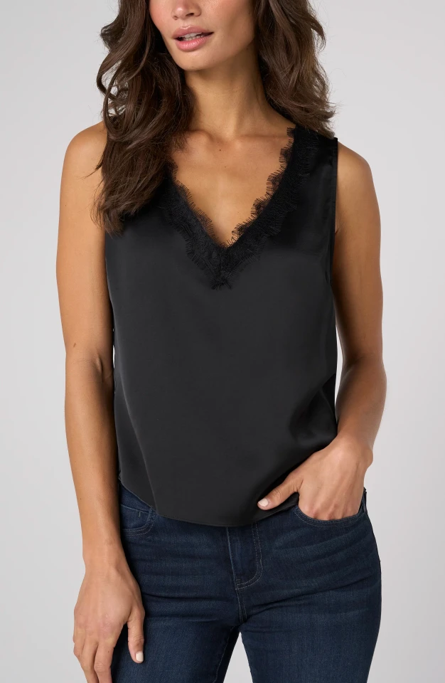 Liverpool Los Angeles V-Neck Woven Tank with Lace Trim