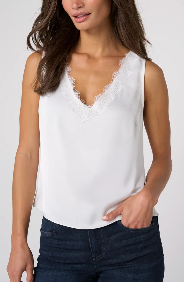 Liverpool Los Angeles V-Neck Woven Tank with Lace Trim