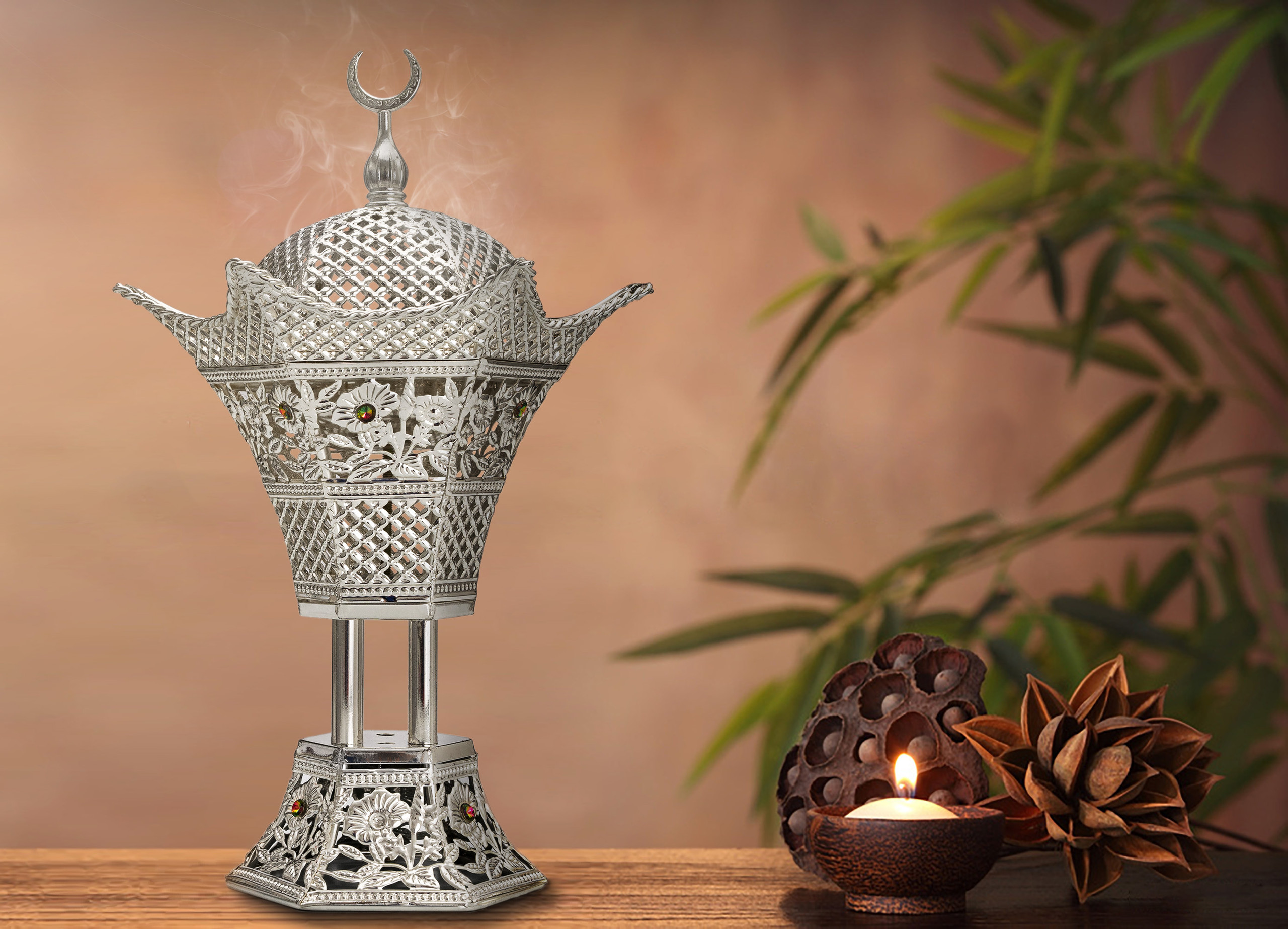 Incense Charcoal Burner Mubkhara Hexagon Crescent Silver Attar