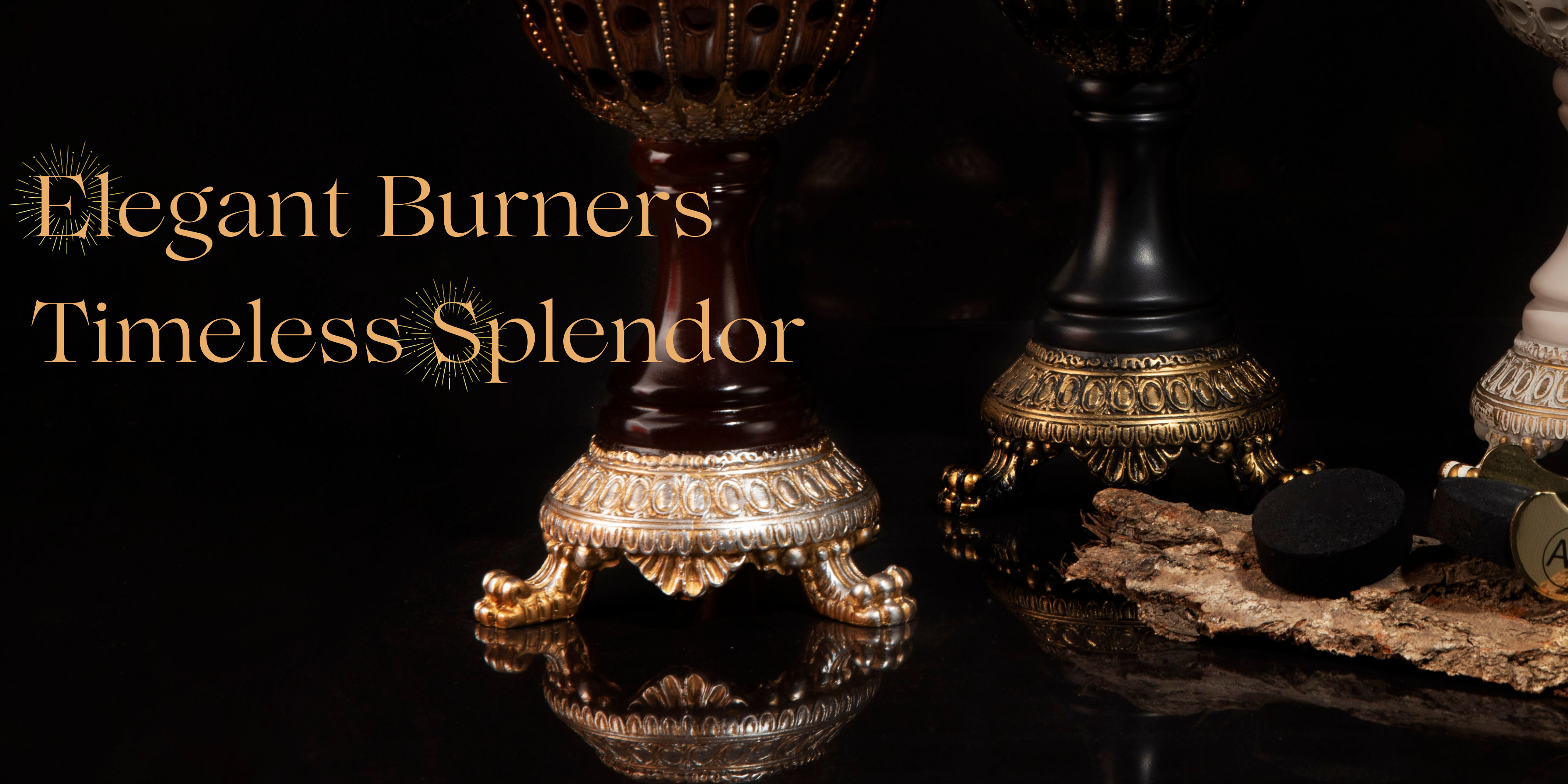 Visualize beautiful incense burners with their stunning details. The titel reads: Elegant Burners-Timeless Splendor