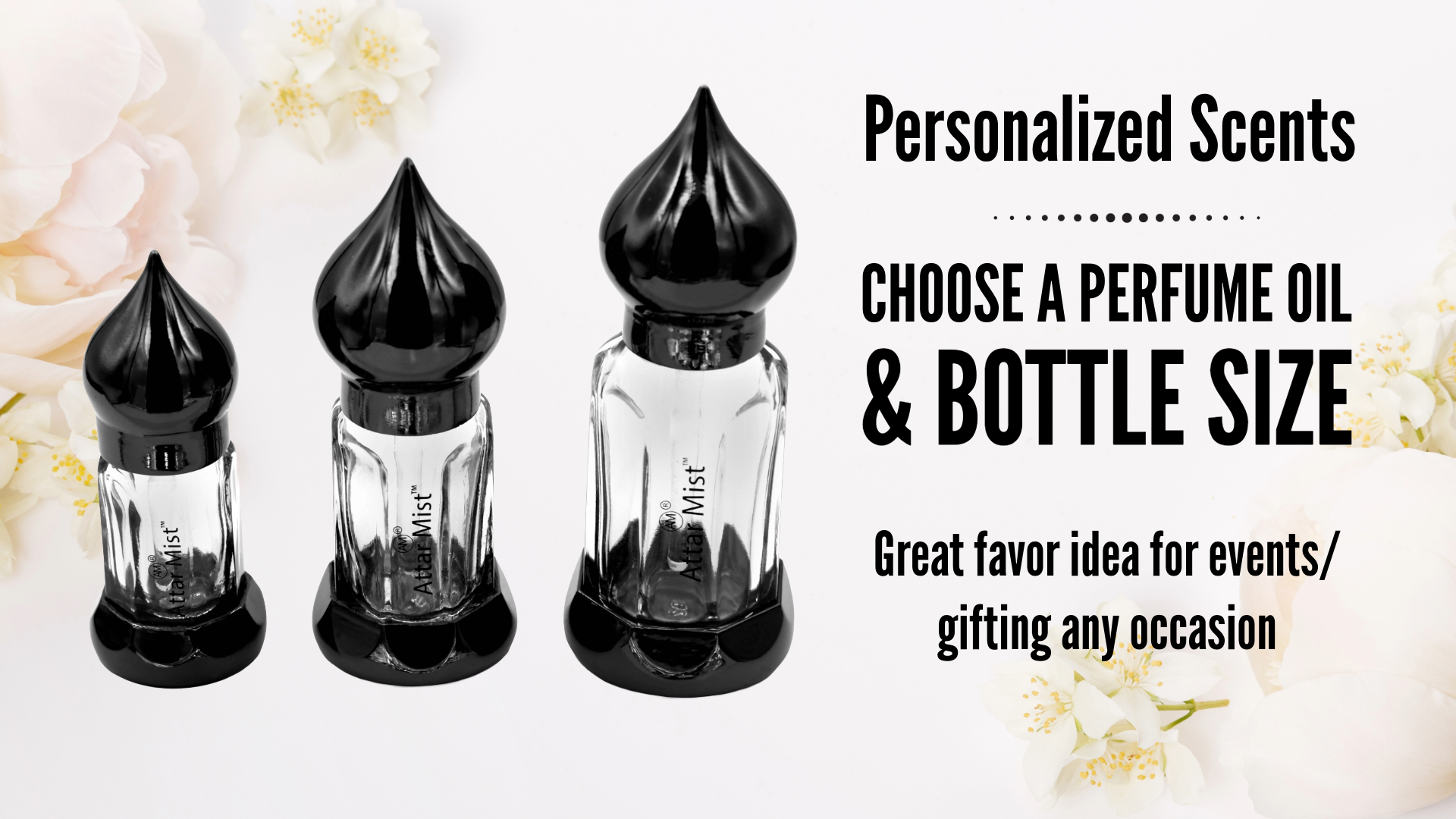 The image shows 3 different sizes of bottles available  for purchasing the loose oil of your choice. These bottles are great for gifting on any occasion or as a favour idea for events.