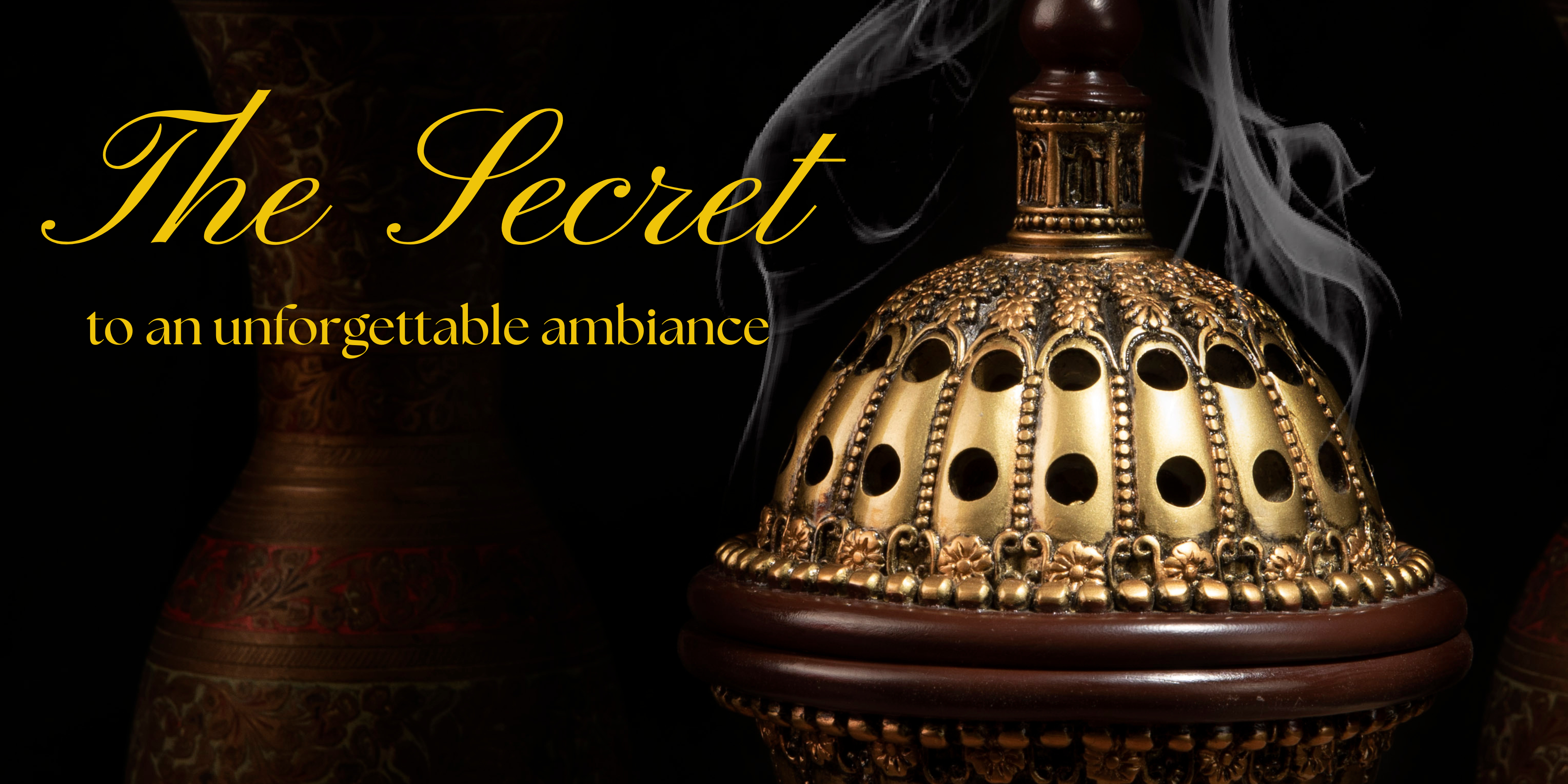 A beautiful luxury globe incense burner is burning arabian bakhoor/incense and fragrant plumes of smoke are ascending from it. The title reads: The  Secret to an unforgettable ambiance.