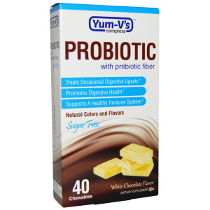 Yum-Vs, Probiotic with Prebiotic Fiber, Sugar Free, White Chocolate Flavor, 40 Chewables