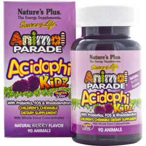 Natures Plus, Source of Life, Animal Parade, AcidophiKidz, Childrens Chewable, Natural Berry, 90 Animal-Shaped Tablets