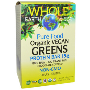 Natural Factors, Whole Earth & Sea, Pure Food Organic Vegan Greens Protein Bars, Chocolate Covered, 6 Bars, 2.64 oz (75 g) Each