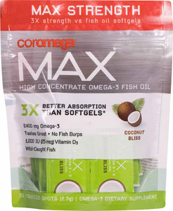 Coromega Max High Concentrate Omega-3 Fish Oil Squeeze Shots Coconut Bliss -- 30 Squeeze Shots