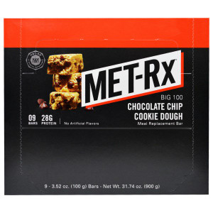 MET-Rx, Big 100, Meal Replacement Bar, Chocolate Chip Cookie Dough, 9 Bars, 3.52 oz (100 g) Each (Discontinued Item)