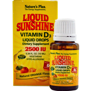 Natures Plus, Liquid Sunshine, Vitamin D3 Liquid Drops, Natural Orange Flavor, 2500 IU, 0.34 fl oz (10 ml)