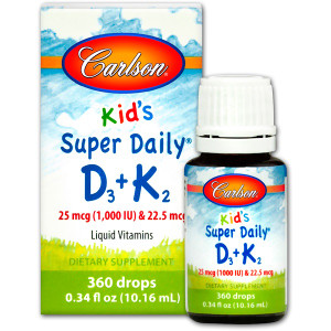 Carlson Labs, Kids, Super Daily D3+K2, 25 mcg (1,000 IU) & 22.5 mcg, 0.34 fl oz (10.16 ml)