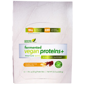 Genuine Health Fermented Vegan Proteins plus Protein Bars Digestive Support Peanut Butter Chocolate -- 12 Bars