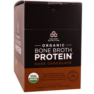 Dr. Axe / Ancient Nutrition, Organic Bone Broth Protein, Dark Chocolate, 12 Single Serve Packets, 1.06 oz (30 g) Each