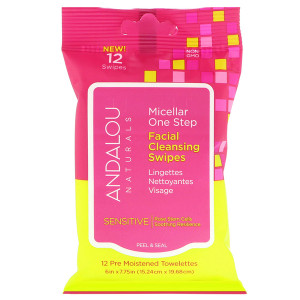 3 PACK of Andalou Naturals Sensitive Micellar One Step Facial Cleansing Swipes -- 12 Wipes