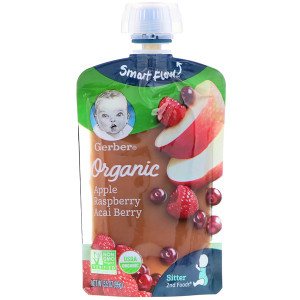 3 PACK of Gerber, Smart Flow  Sitter 2nd Foods, Organic, Apple, Raspberry, Acai Berry, 3.5 oz (99 g)