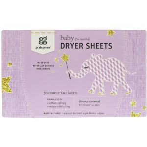 3 PACK of Grab Green, Dryer Sheets, Baby, Dreamy Rosewood with Essential Oils, 5+ Months, 50 Compostable Sheets