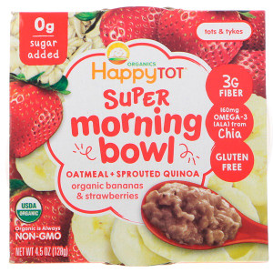 3 PACK of Happy Baby Organics HappyTot Super Morning Bowl Oatmeal + Sprouted Quinoa Bananas & Strawberries -- 4.5 oz