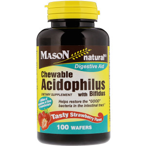 Mason Natural, Chewable Acidophilus with Bifidus, Tasty Strawberry Flavor, 100 Wafers