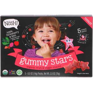 NosH!, Toddler Gummy Stars, Organic Fruit & Veggie Snacks, Apple, Strawberry & Beet, 5 Packs, 0.5 oz (14 g) Each