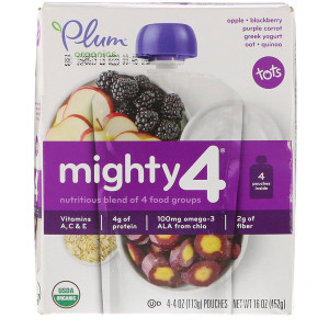Plum Organics, Tots, Mighty 4, Nutritious Blend of 4 Food Groups, Apple - Blackberry, Purple Carrot, Greek Yogurt Oat & Quinoa, 4 Pouches, 4 oz (113 g) Each