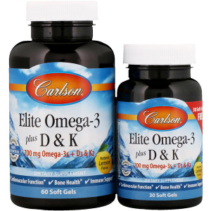 Carlson Labs, Elite Omega-3 Plus D & K, Natural Lemon Flavor, 60 + 30 Free Soft Gels