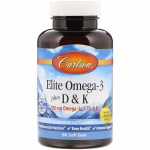 Carlson Labs, Elite Omega-3 Plus D & K, Natural Lemon Flavor, 60 Soft Gels
