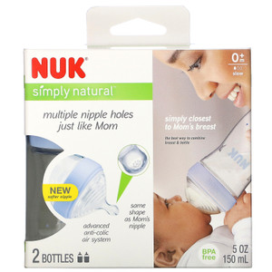 NUK, Simply Natural, Bottles, 0+ Months, Slow, 2 Pack, 5 oz (150 ml) Each,NUK, Simply Natural, Bottles, 0+ Months, Slow, 2 Pack, 5 oz (150 ml) Each