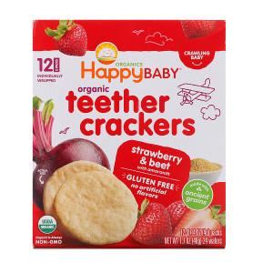 3 PACK OF Happy Family Organics, Organic Teether Crackers, Strawberry & Beet with Amaranth, 12 Packs, 0.14 oz (4 g) Each