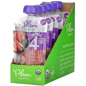 Plum Organics, Mighty 4, 4 Food Group Blend, Tots, Apple, Blackberry, Purple Carrot, Greek Yogurt, Oat, 6 Pouches, 4 oz (113 g) Each