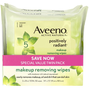 Aveeno Active Naturals Positively Radiant Makeup Removing Wipes -- 25 Wipes Each - Pack of 2
