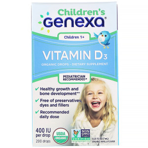 Genexa, Childrens Vitamin D3, Children 1+, Organic Vanilla Flavor,  400 IU, 0.23 fl oz (7 ml)
