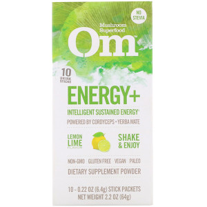 Organic Mushroom Nutrition, Energy+, Powered by Cordyceps + Yerba Mate, Lemon Lime, 10 Packets, 0.22 oz (6.4 g) Each