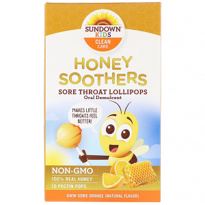 3 PACK of Sundown Naturals Kids, Honey Soother, Sore Throat Lollipops, Aww-Some Orange, 10 Pectin Pops