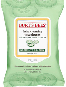 3 PACK of Burt's Bees Facial Cleansing Towelettes for Normal to Dry Skin Cucumber and Sage -- 30 Towelettes