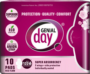3 PACK of Genial Day Feminine Pads Regular Flow Super Absorbency -- 10 Pads