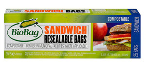 3 PACK of Biobag Resealable Sandwich Bags -- 25 Bags