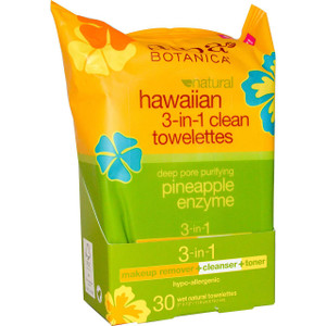 3 PACK of Alba Botanica, Natural Hawaiian 3-in-1 Clean Towelettes,  Pineapple Enzyme, 30 Wet Towelettes