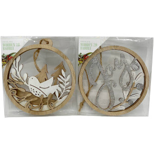 5 PACK of Christmas Woodland Wooden 2d Bauble Assorted