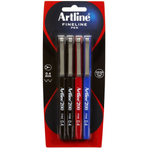 3 PACK OF Artline 200 Pen Fine 0.4 Assorted 4 pack