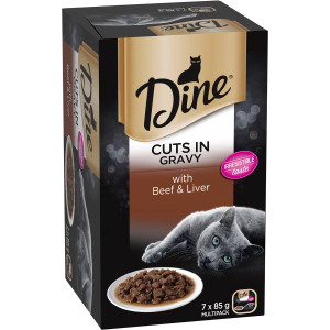 3 PACK OF Dine Wet Cat Food Cuts In Gravy With Beef & Liver Tray 7 pack
