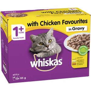3 PACK OF Whiskas 1+ Years Wet Cat Food Chicken In Gravy Pouch 85g x12 pack