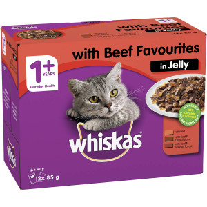 3 PACK OF Whiskas 1+ Years Favourites With Beef In Jelly Wet Cat Food Pouch 85g x12 pack